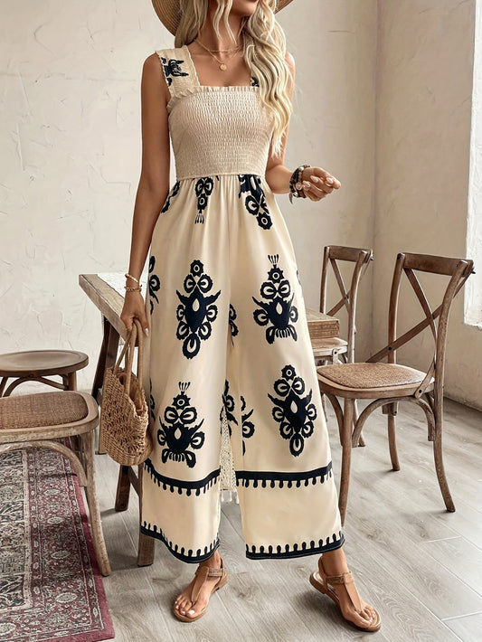 Graphic Print Shirred Wide Leg Jumpsuit, Boho Style Sleeveless Jumpsuit For Spring & Summer