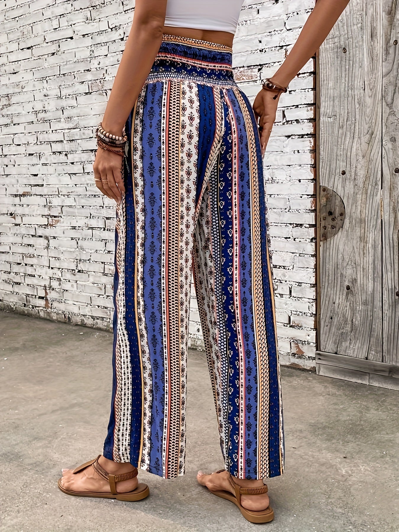 Ethnic Graphic Print Pants, Boho Shirred Waist Wide Leg Pants