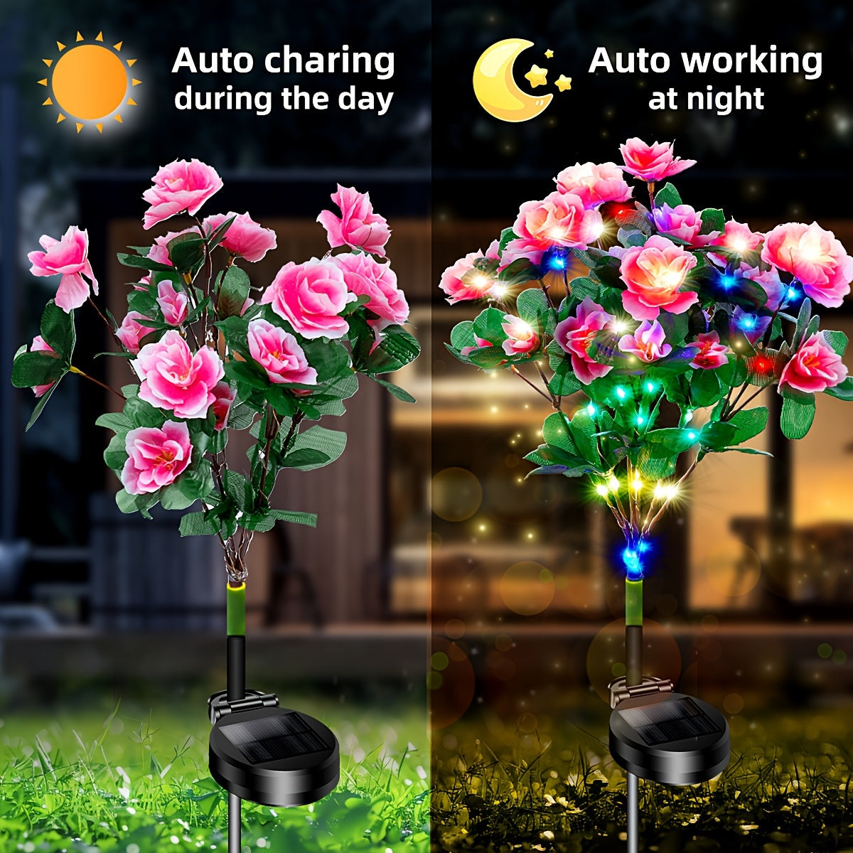 4 Pack Solar Powered Azalea Flower Garden Lights - Path Lights with Automatic On/Off, Waterproof, Energy Saving, and Decorative Design for Yard, Lawn, Patio, and Mothers Day Gardening Gifts