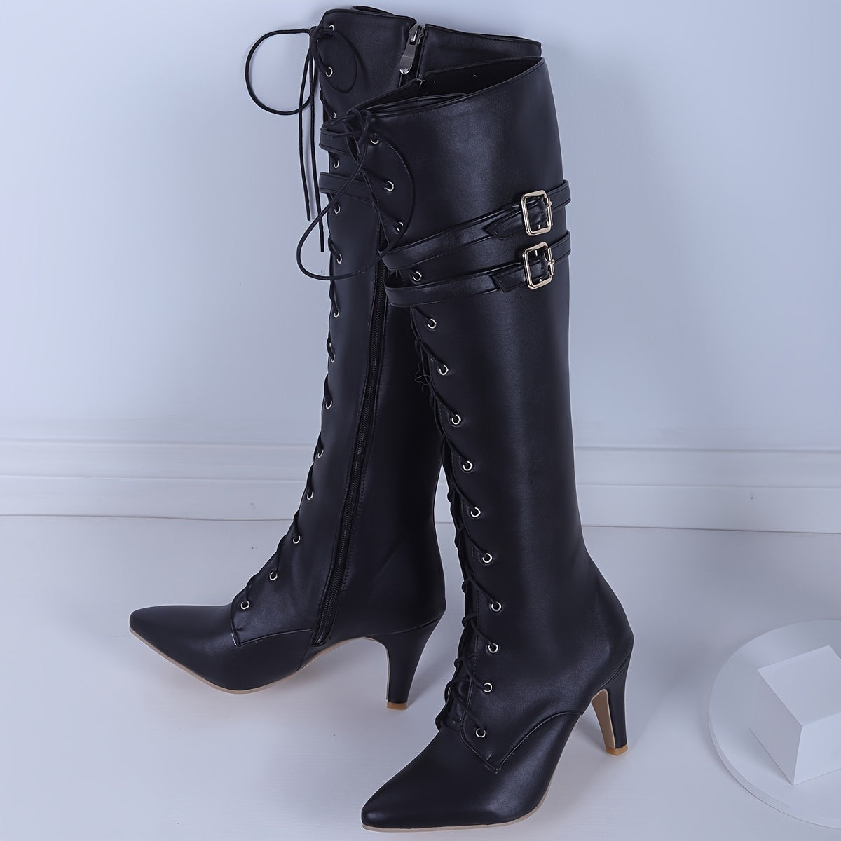 Elegantly Pointed Toe Knee High Boots - Lace-Up, Side Zip, Flare Heel, Solid Color - Elevate Your Style & Comfort