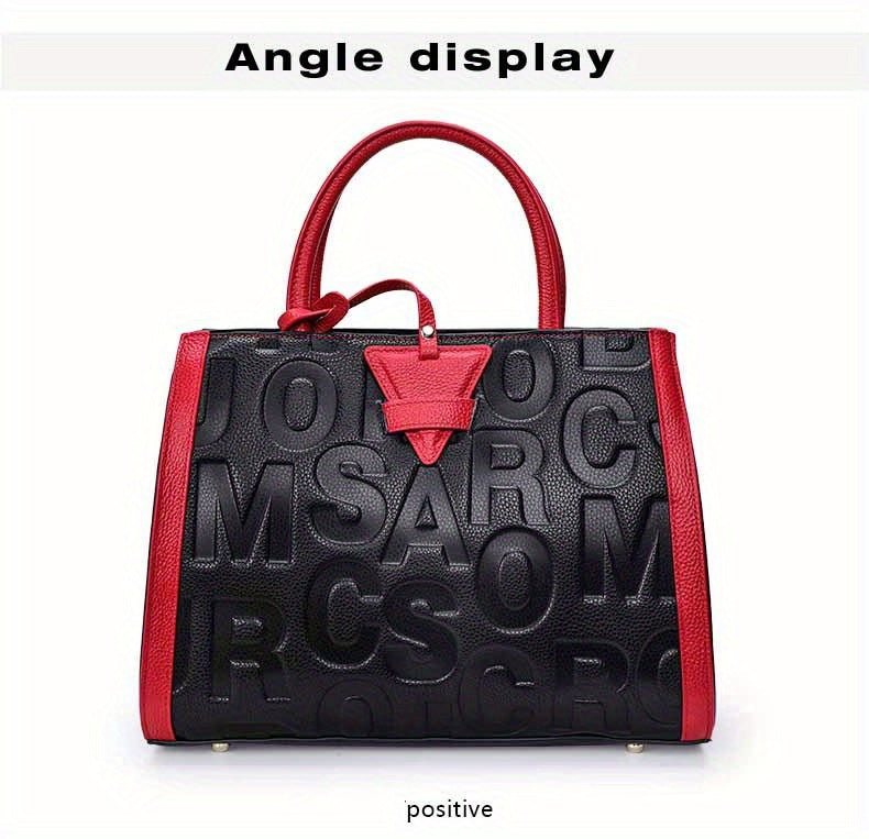 Luxury Genuine Leather Tote Bag, Women's Letter Embossed Handbag, Large Capacity Satchel Purse