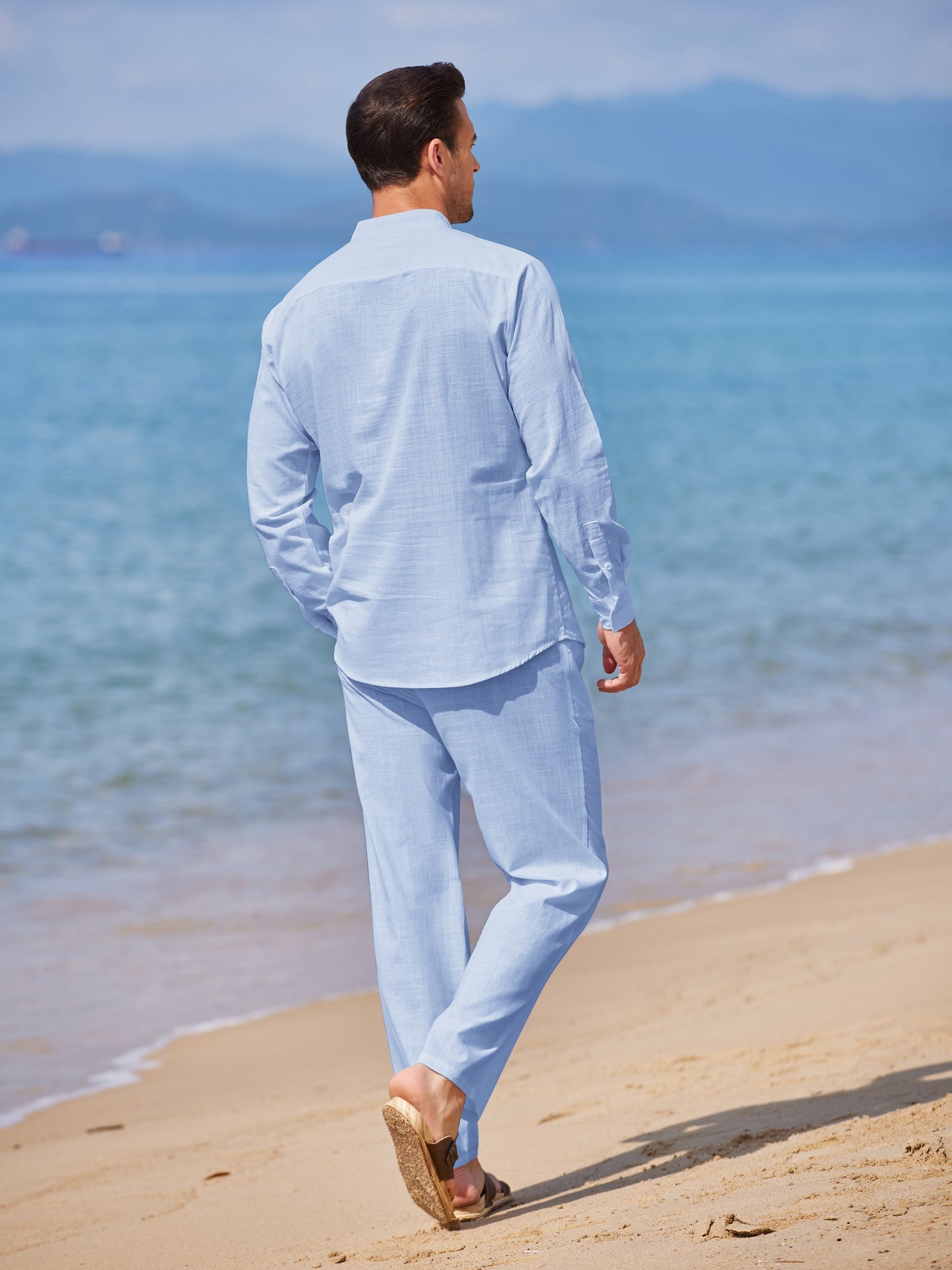 Linen Sets Boho  Men 2 Piece Button Down Shirt Long Sleeve And Casual Beach Drawstring Waist Pants  Outfits