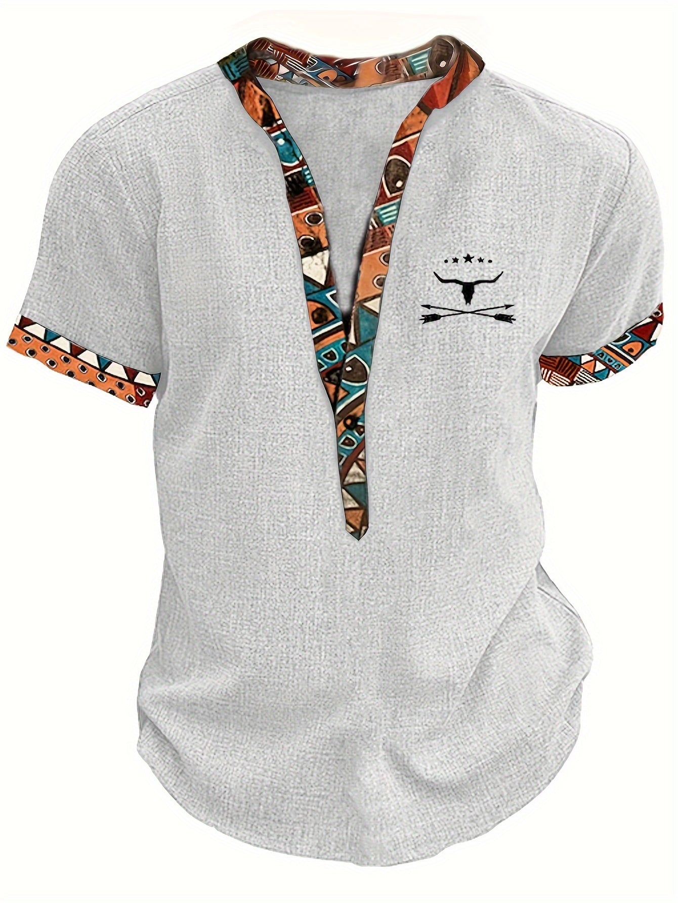 Ethnic Style Animal Skull And Geometric Pattern Men's Summer Fashion Short Sleeve Deep V-neck Henley Shirt, Pure Cotton Tops For Summer Outdoors Leisurewear