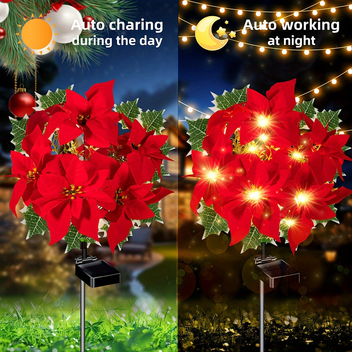 (4pcs 7-head Christmas Flower Solar Lights) Holiday Decorations, Outdoor Courtyard, Garden, Lawn, Small Path Lights, Atmosphere Lights, Christmas Courtyard Decoration Lights, Gifts For Mom