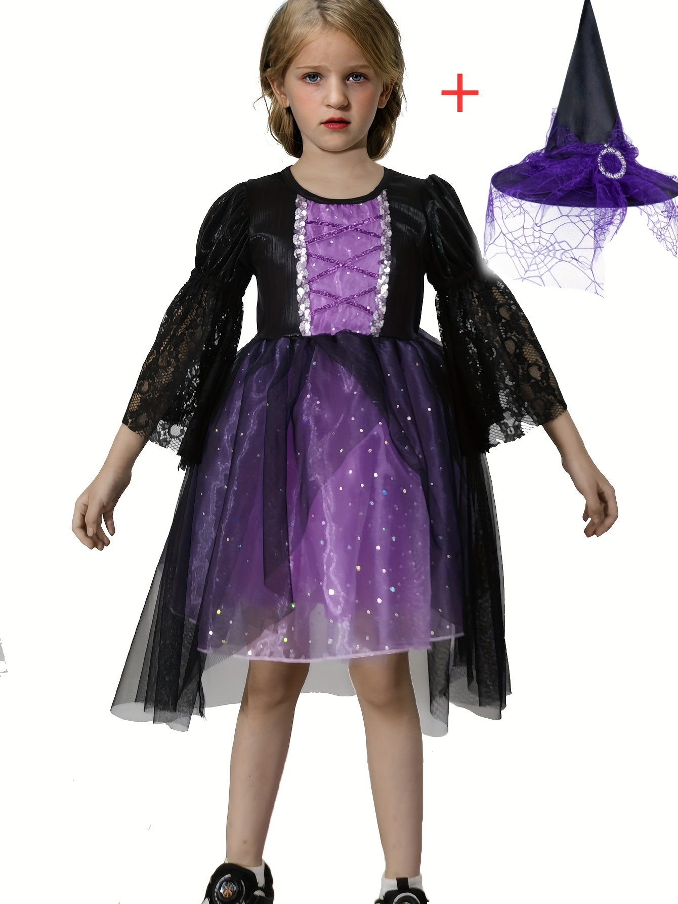 Girls Fun & Stunning Short Sleeve Lace Trim Layered Tutu Magical Character Dress & Pointed Hat For Halloween Party, 2PCS.