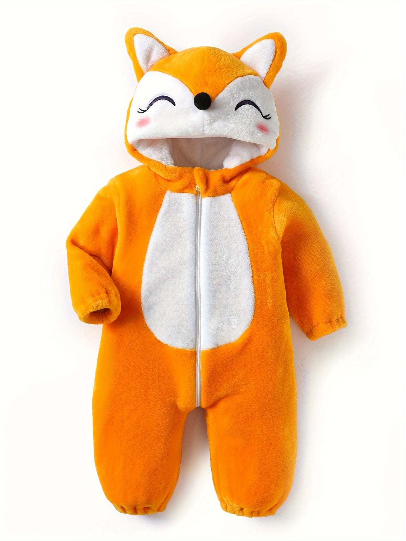 Unisex Baby's Fox Shape Onesie, Toddlers Animal Costume Outfit, Warm Fuzzy Cute Fox Romper For Kids, Cozy Hooded Jumpsuit With Tail, Soft Comfortable Playwear For Infants.