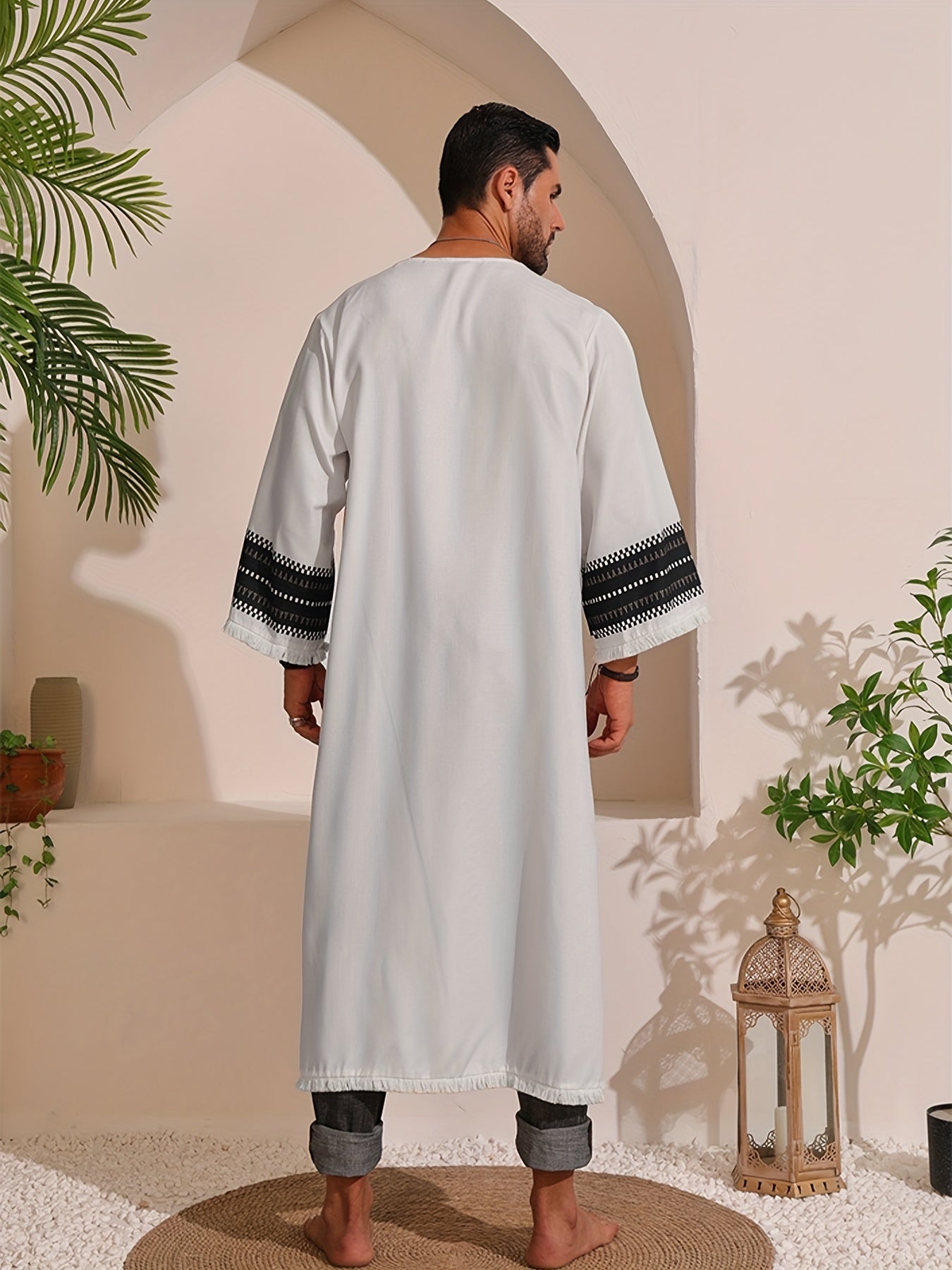 Men's Bohemian Style Linen Robe, Long Sleeve Thin Casual Clothing With Tassuel Design,