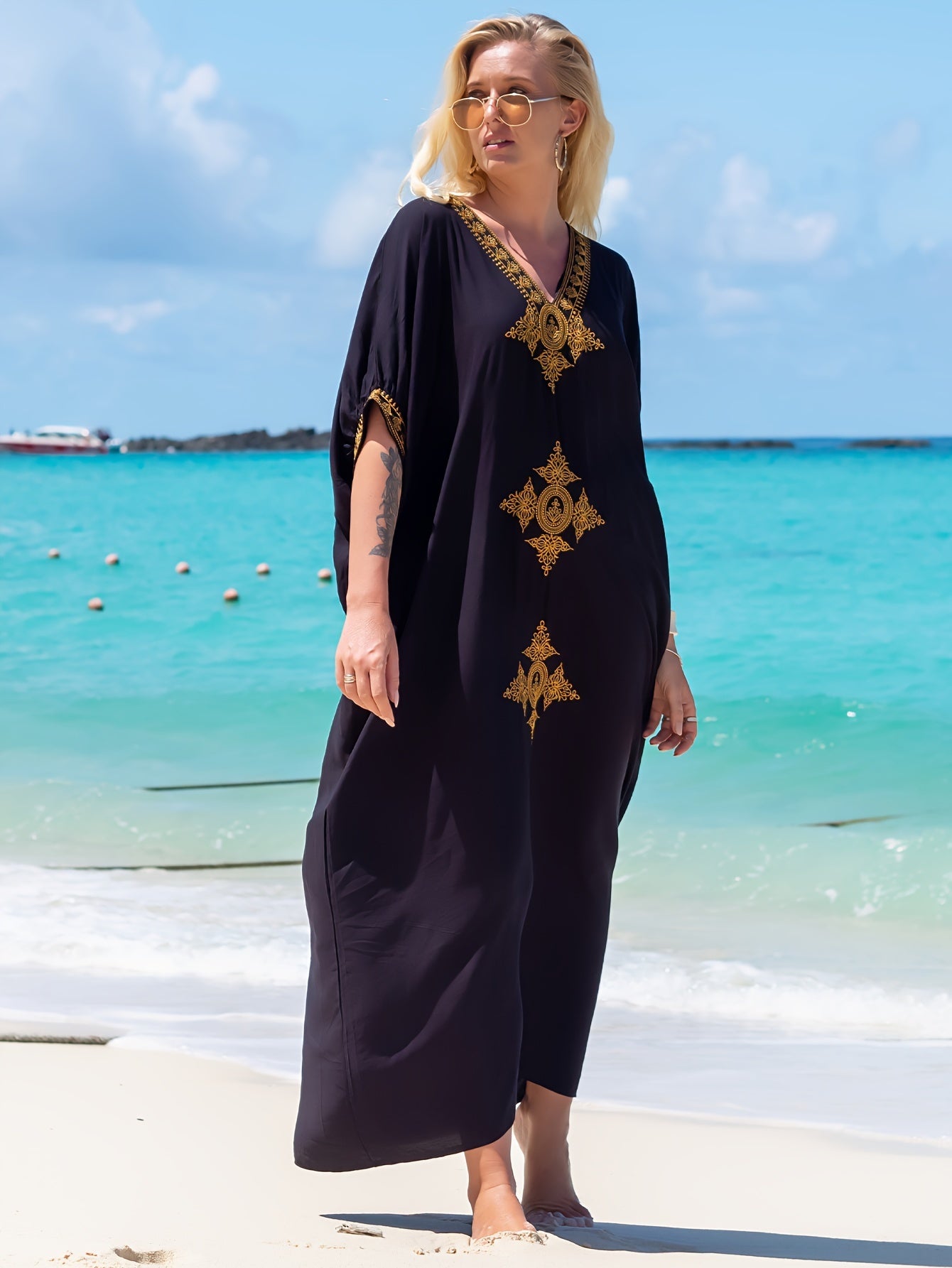 Graphic Embroidered V Neck Loose Kaftan Dress, Elegant Batwing Sleeve Maxi Coverup Dress,Bohemia