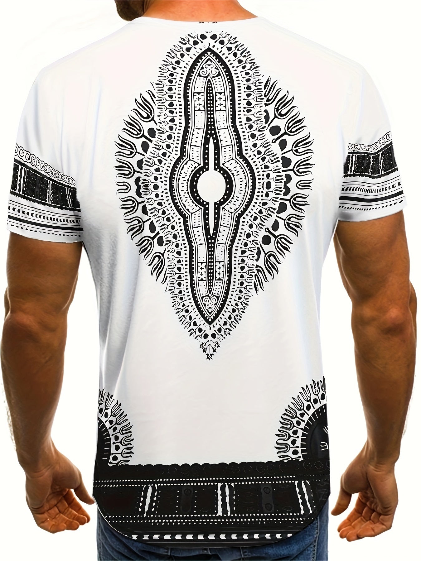 Bohemian Ethnic Style Graphic Pattern T-shirt With Crew Neck And Short Sleeve, Chic And Stylish Comfy Tops For Men's Summer Workout Wear And Vacation Resorts