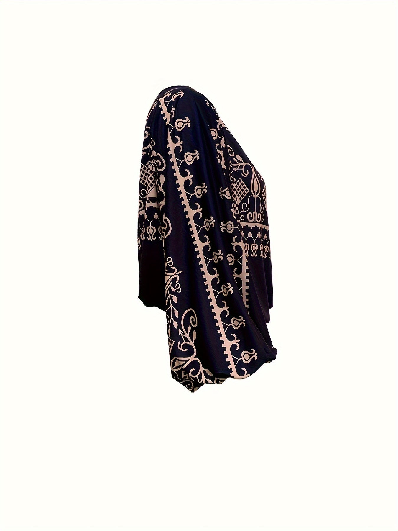 Ethnic Print Off Shoulder Blouse, Boho Batwing Sleeve Blouse For Spring & Fall,