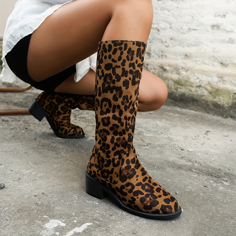 Leopard Print Sexy Boots European and American Style Mid-Calf Boots Round Head Sexy SM Makeup Ball Special Boots Plus Velvet Comfortable Velvet Fabric Women's Boots French Style Women's Thick Sole Side Zipper Anti-Slip Shoppi