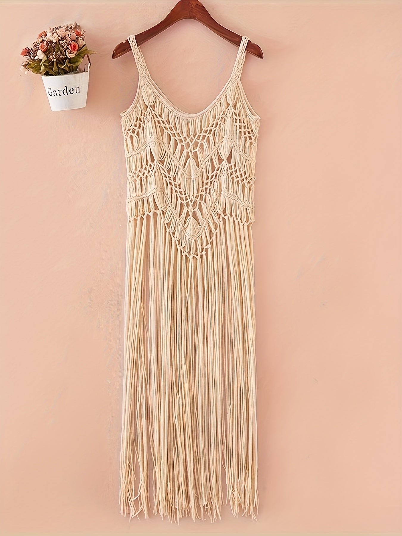 Bohemian Style Women's Hollow-Out Fringe Beach Cover-Up, Sleeveless Long Cover Up Dress