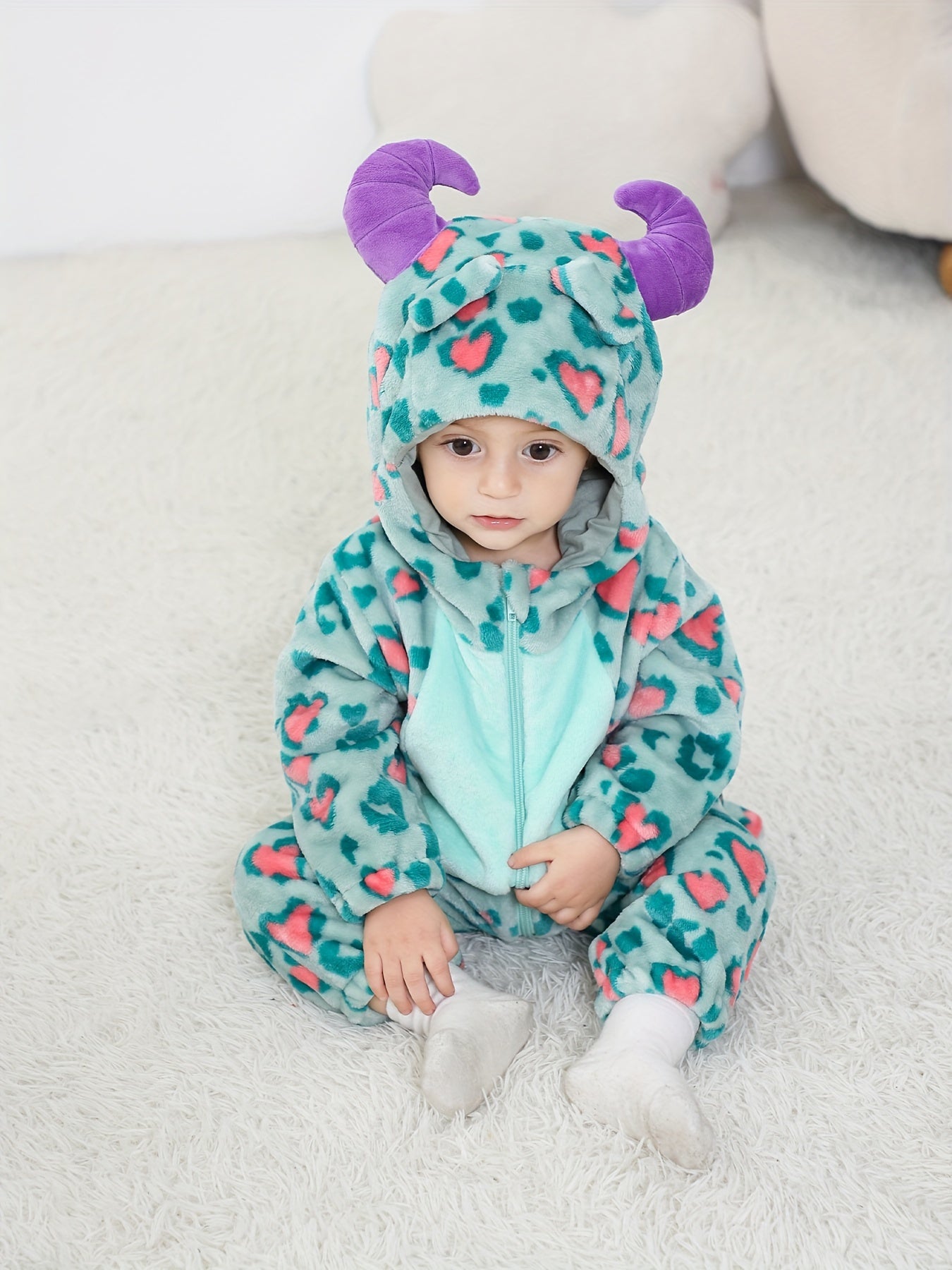 Little Monster Single Layer Cute Hooded Bodysuit, Toddler Baby's Zip Up Party Cosplay Jumpsuit