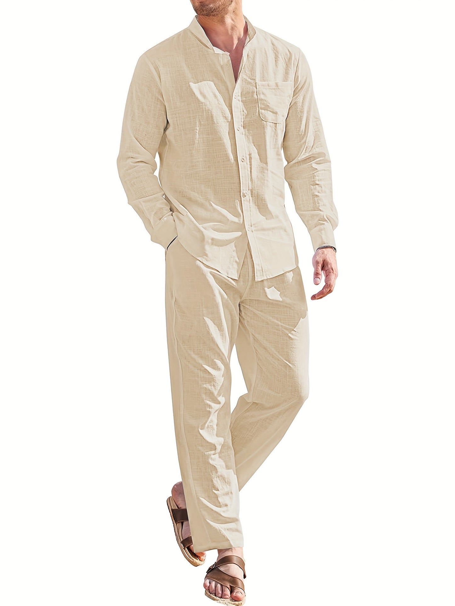 Linen Sets Boho  Men 2 Piece Button Down Shirt Long Sleeve And Casual Beach Drawstring Waist Pants  Outfits