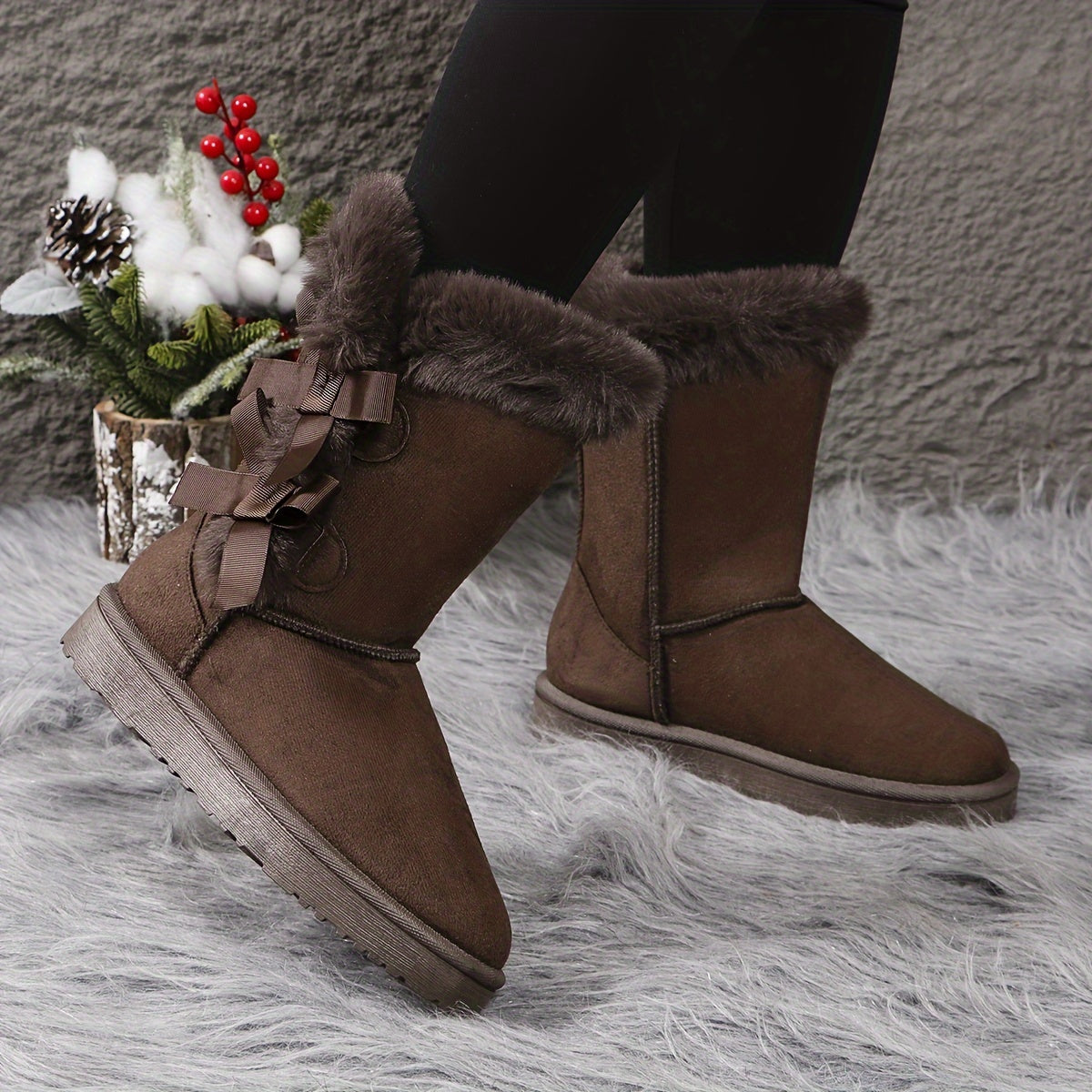 Cozy Women's Snow Boots - Comfortable Plush Lined Winter Boots with Casual Bowknot Decor - Soft, Warm, and Water-Resistant Shoes for Cold Weather