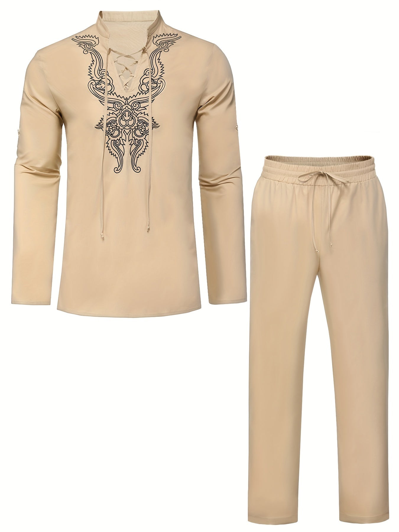 Cotton Boho Style Pattern Embroidery Men's 2 Pieces Outfits, Long Sleeve Lace Up Shirt And Drawstring Solid Trousers Set