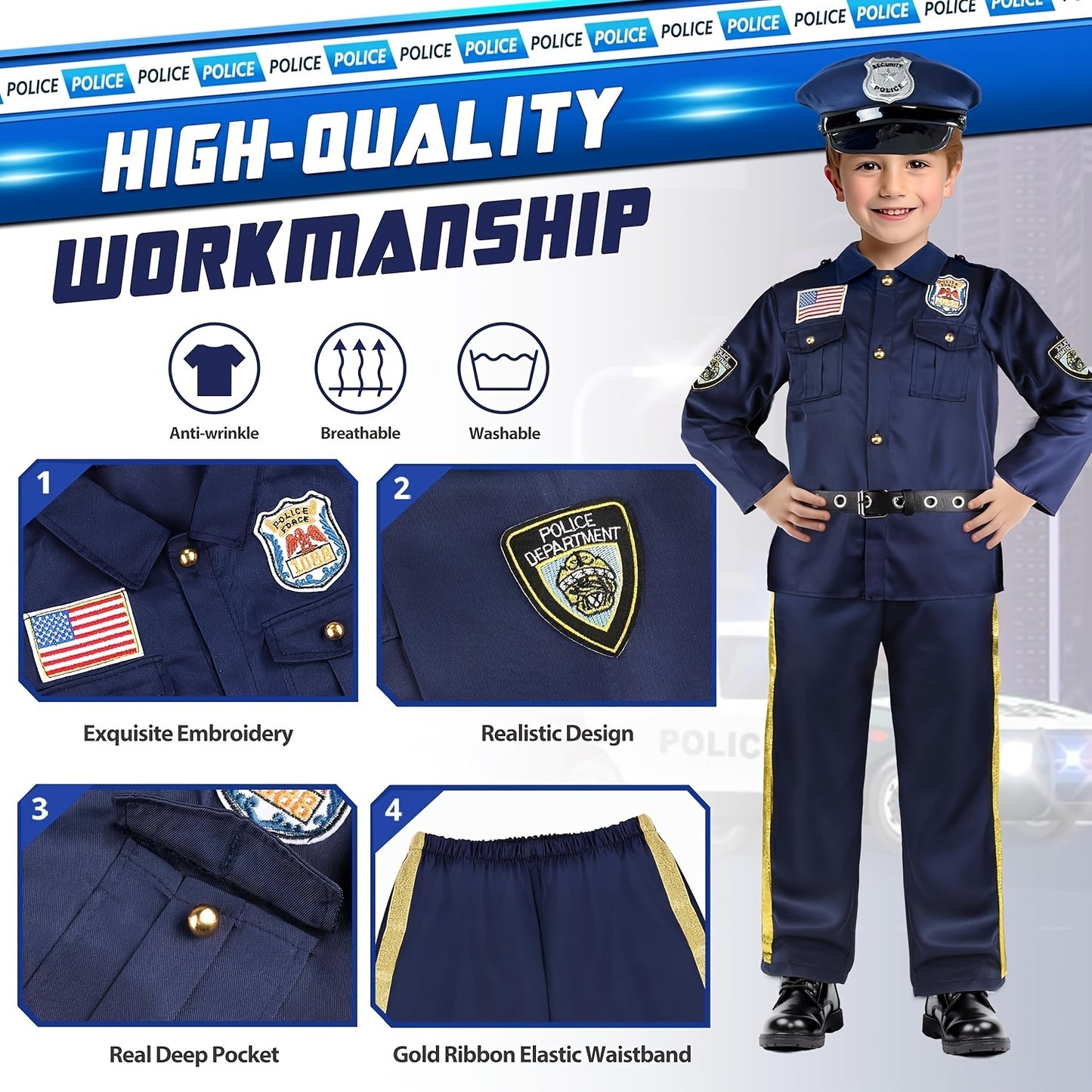 Police Officer Costume For Kids - Police Uniform For Kids, Kids Halloween Costumes For Boys Girls, Toddler Dress Up, Cop Costume Role Play Kit For Halloween Career Day