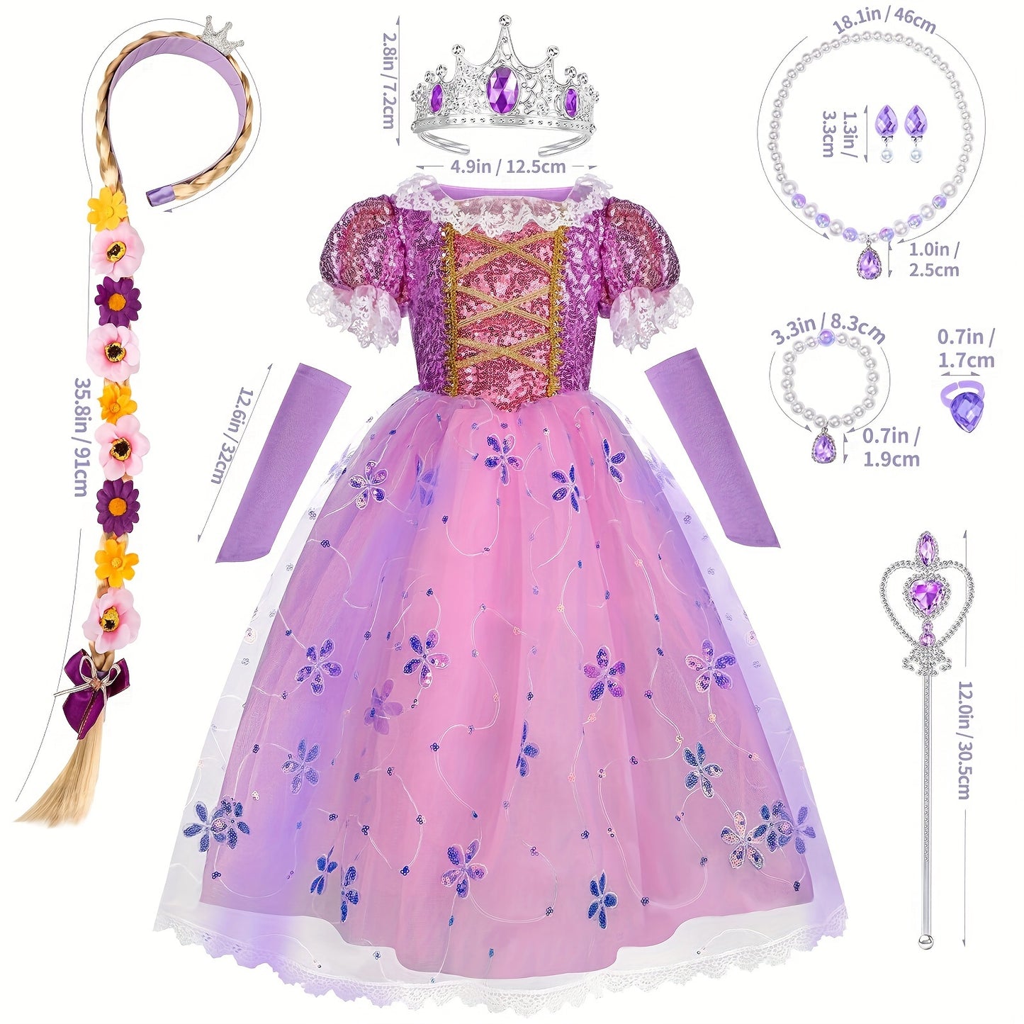 Girls Princess Dress Up 3 4 5 6 7 8, Light Up Dress Costume With Wig, Halloween For Kids Toddler