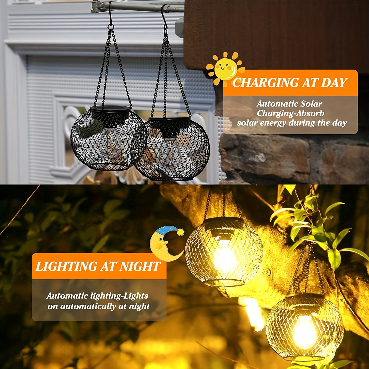 2pcs Upgrade Outdoor Solar Hanging Lights, Outdoor Garden Metal Hanging Lights, Decorative Lighting Solar Waterproof Tree Lights, For Garden Yard Yard Patio Yard Pathway