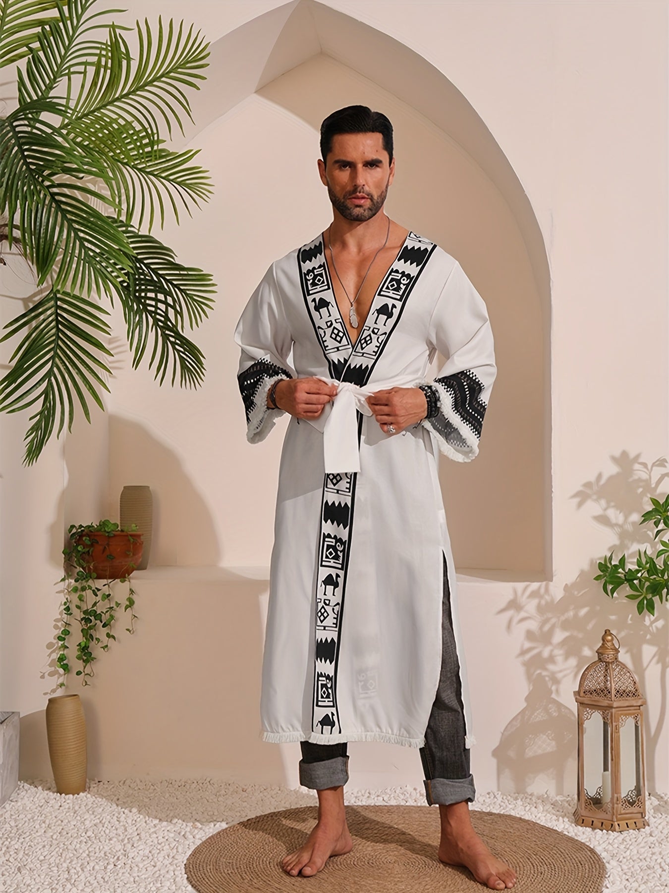 Men's Bohemian Style Linen Robe, Long Sleeve Thin Casual Clothing With Tassuel Design,