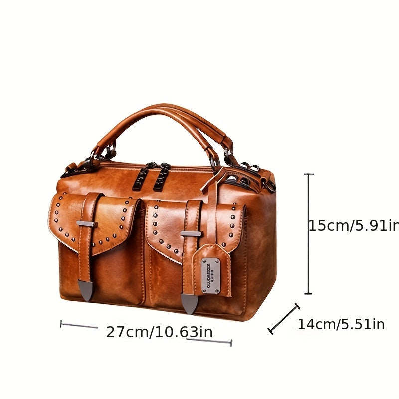 New Retro Wax Handheld Single Shoulder Crossbody Fashion Messenger Rivets Large Capacity Women's Bags