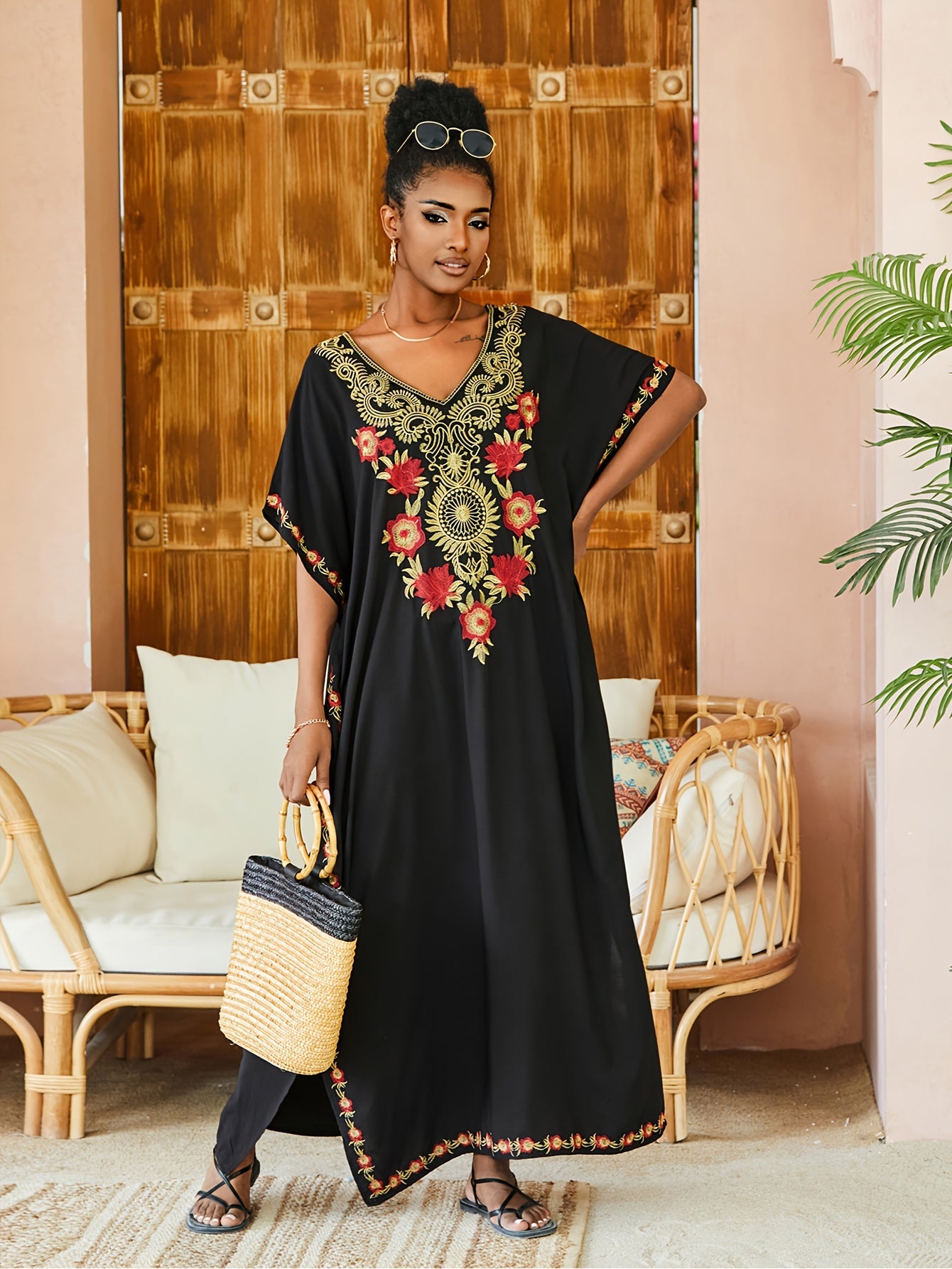 Kaftan dresses for Women Leisure Vacation Ethnic Style Beach Cover Up Embroidery Bating Sleeve Swimsuit Cover Up Beach Robe Flower Embroidered Edge Boho Retro Home Outfit