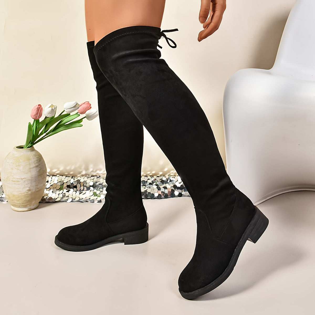 Chic Over-The-Knee Boots For Women - Casual Stretch Fit With Chunky Heel, Slip-On Design, Soft Velvet Lining - Perfect For Winter