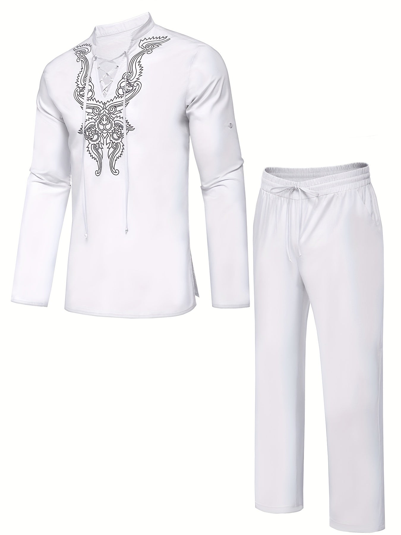 Cotton Boho Style Pattern Embroidery Men's 2 Pieces Outfits, Long Sleeve Lace Up Shirt And Drawstring Solid Trousers Set