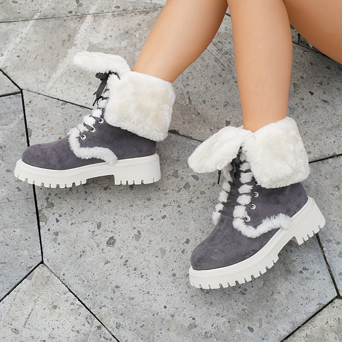 Women's Solid Color Fluffy Boots, Platform Soft Sole Thermal Lining Mid Calf Boots, Non-slip Winter Snow Boots