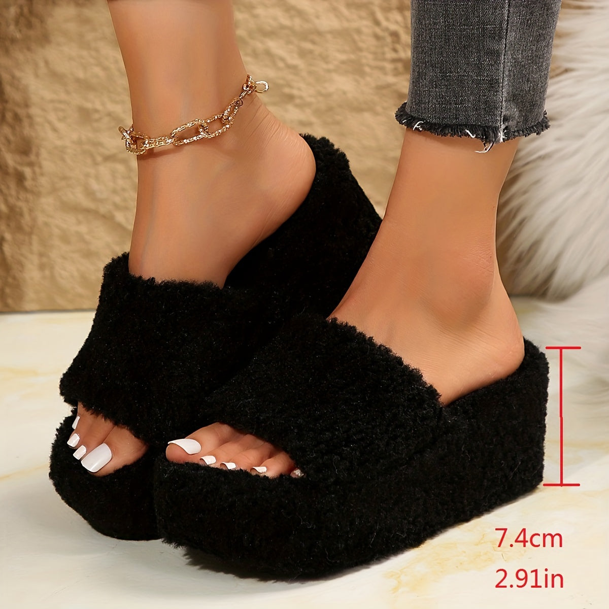 Women's Chunky Heel Thick Sole Slippers, Casual Fabric Slide Sandals with Faux Sheepskin, Solid Color, Hand Washable, All-Season Comfort