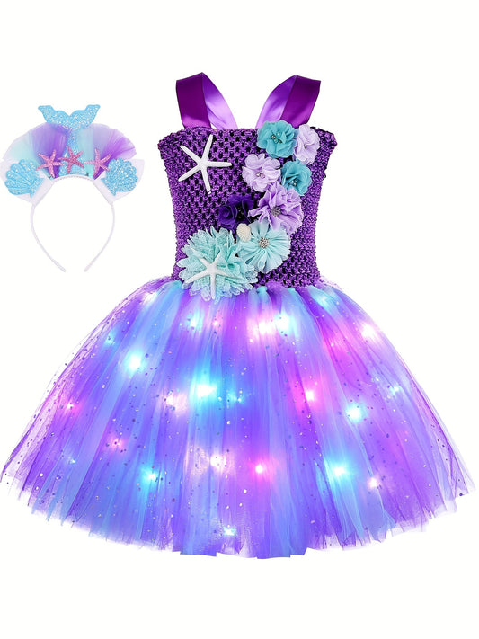 LED Mermaid Dress For Toddle Girls With Headband Birthday Halloween Party Dress Up Clothes Costumes