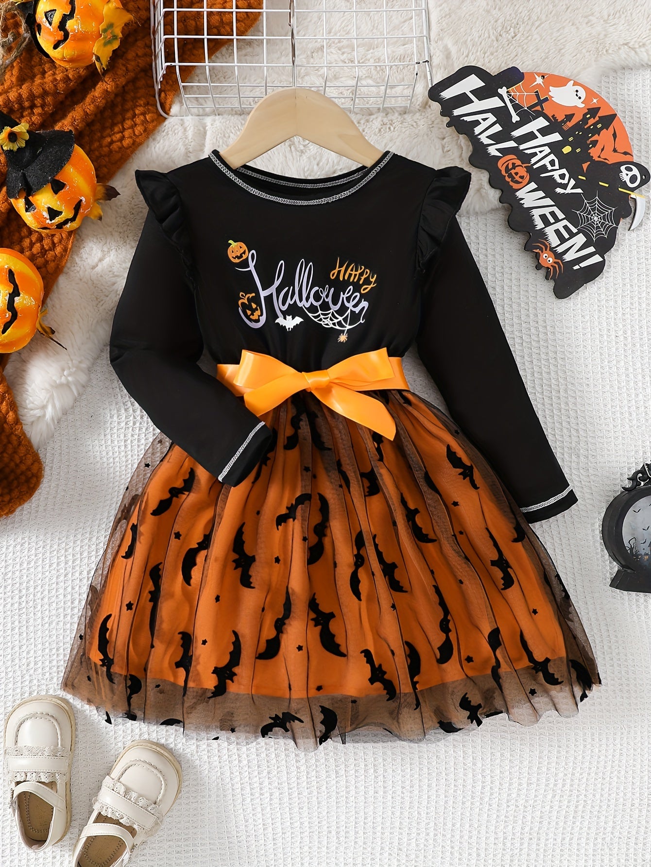 Halloween-themed Girls Mesh Splicing Princess Dress With Ruffled Trim, Perfect For Holiday Parties, With Satin Ribbon Belt