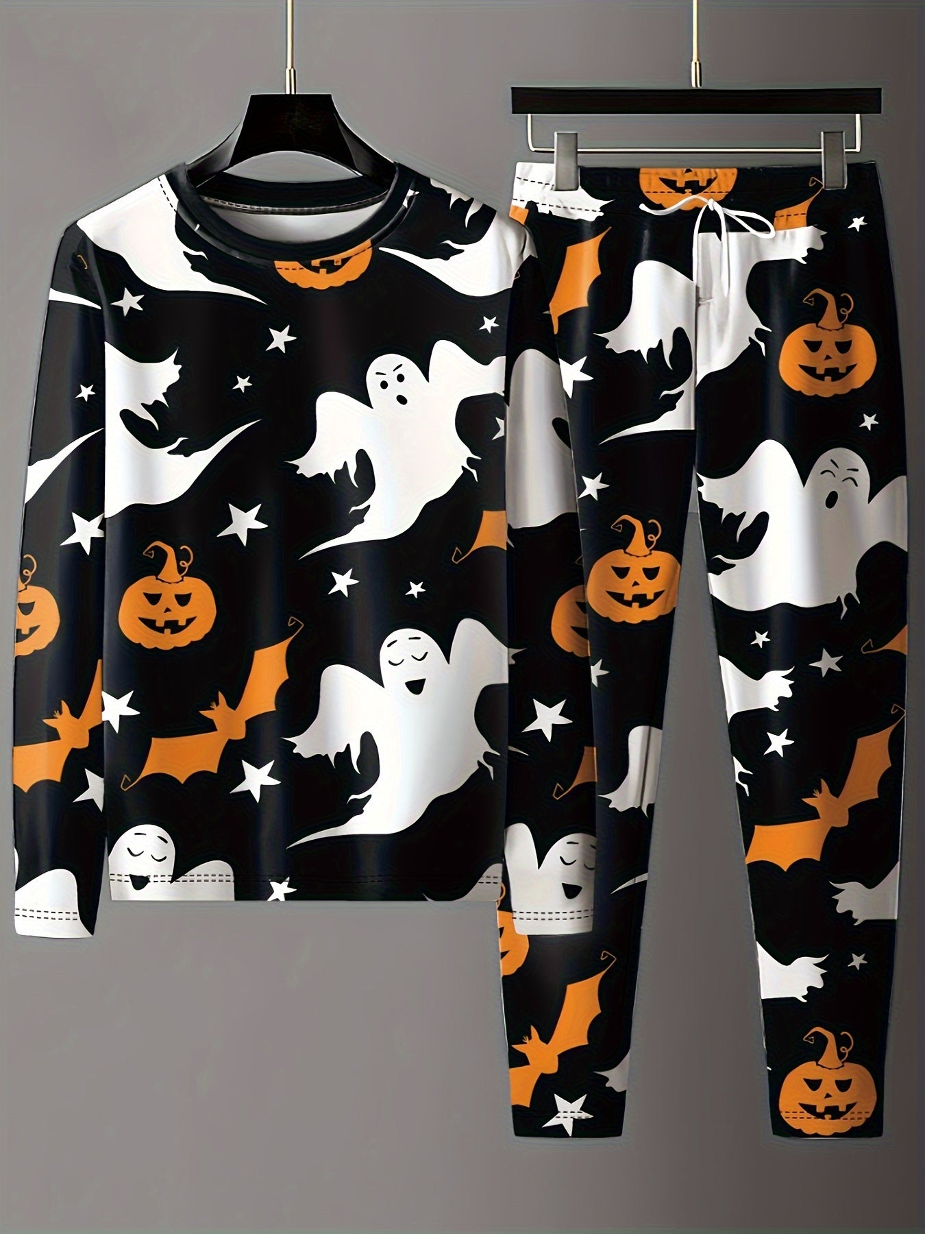 Men's Casual 2-Piece Outfit, Halloween Pumpkin Ghost Bat Print, Lightweight Comfy T-shirt & Drawstring Pants