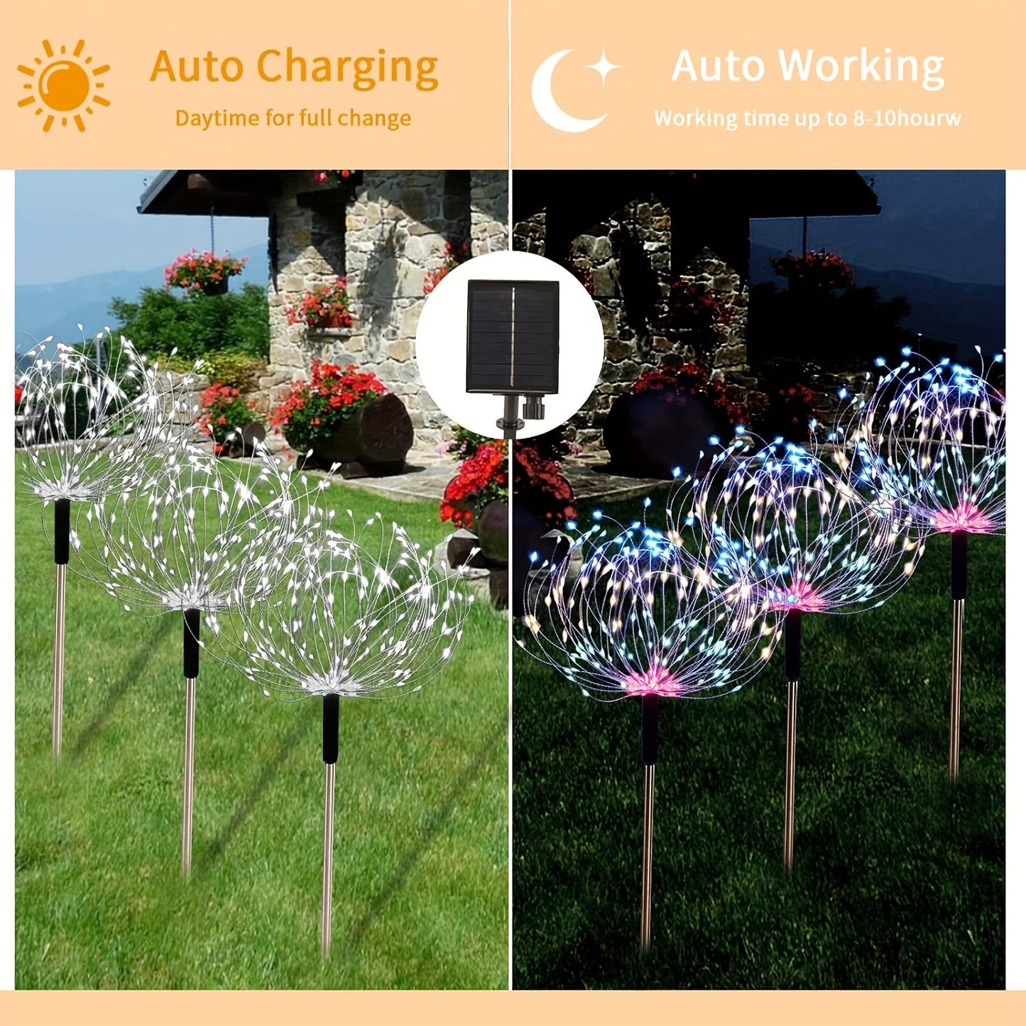 Solar Powered Garden Lights, 4 Pack 320LED Firework Shape, IP65 Waterproof Outdoor Decoration Lighting, 8 Modes Button Control, Flush Mount, Without Laser for Yard, Pathway, Party Decor Supplies