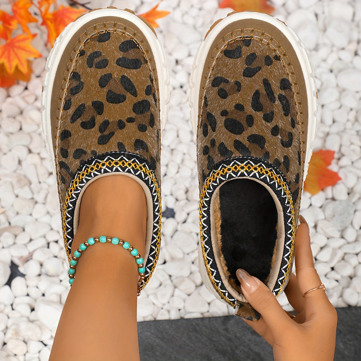 Leopard Print Retro Style Slip-On Flat Ankle Boots For Women, PU Leather, All-Season Casual Footwear