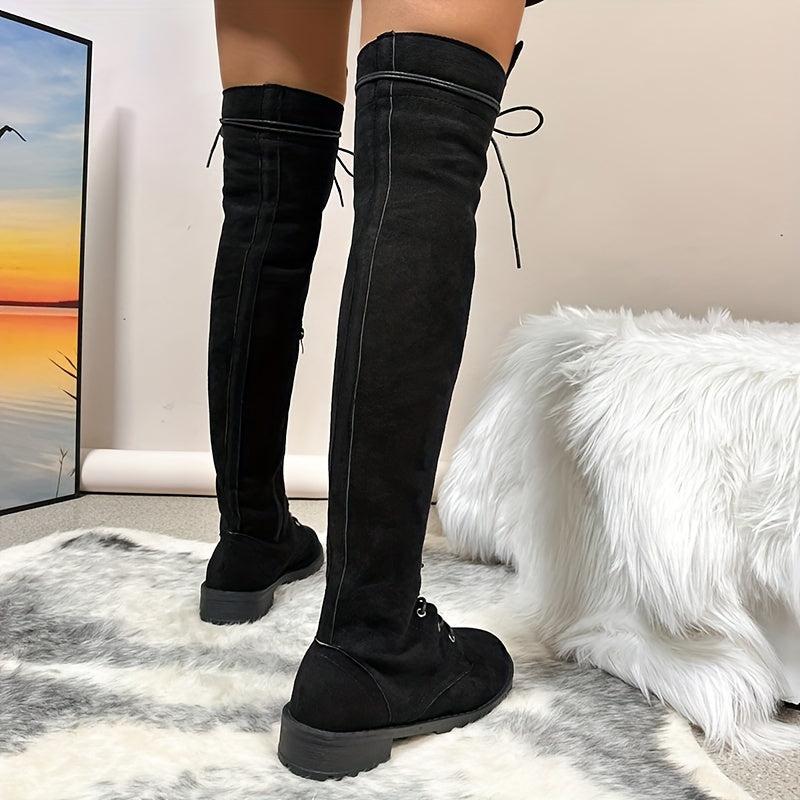 Mid Heel Womens Thigh High Boots - Soft Flannel Lined, Lace Up, Round Toe, Comfortable, Warm, and Fashionable Flat Long Boots for Casual Occasions