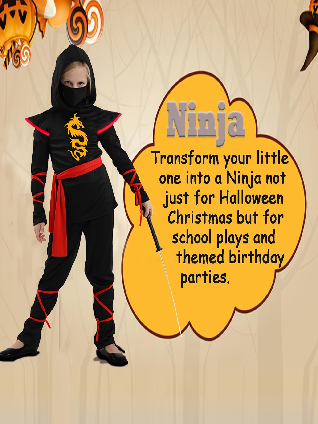 Kids Ninja Costume Set - Halloween Cosplay Ninja Outfit with Accessories for Children - Polyester and Spandex Blend Party Costume - Slight Stretch Solid Color Fabric - Woven Weave - Regular Fit for Boys and Girls Aged 3+