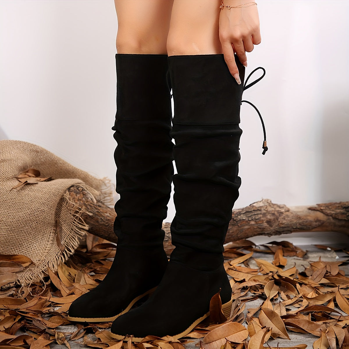 Ladies' Knee-High Riding Boots: Casual Style, Non-Washable, Solid Color, Low Heel, Suede Material, Padded Fabric Insole, PVC Outsole