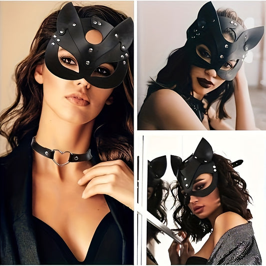 Black Leather Cat Lady Mask And Collar Set