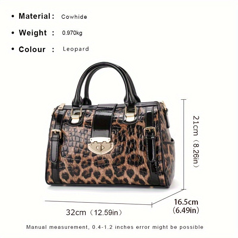 Leopard Print Handbag For Women, Crocodile Pattern Boston Bag, Luxury Genuine Leather Satchel Purse