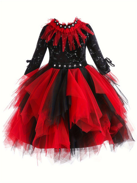 Girls Fun & Stylish & Elegant Long Sleeve Rhinestones Decor Mesh Spliced Layered Tutu Vampire Princess Dress, Perfect Gown For Stage Performance