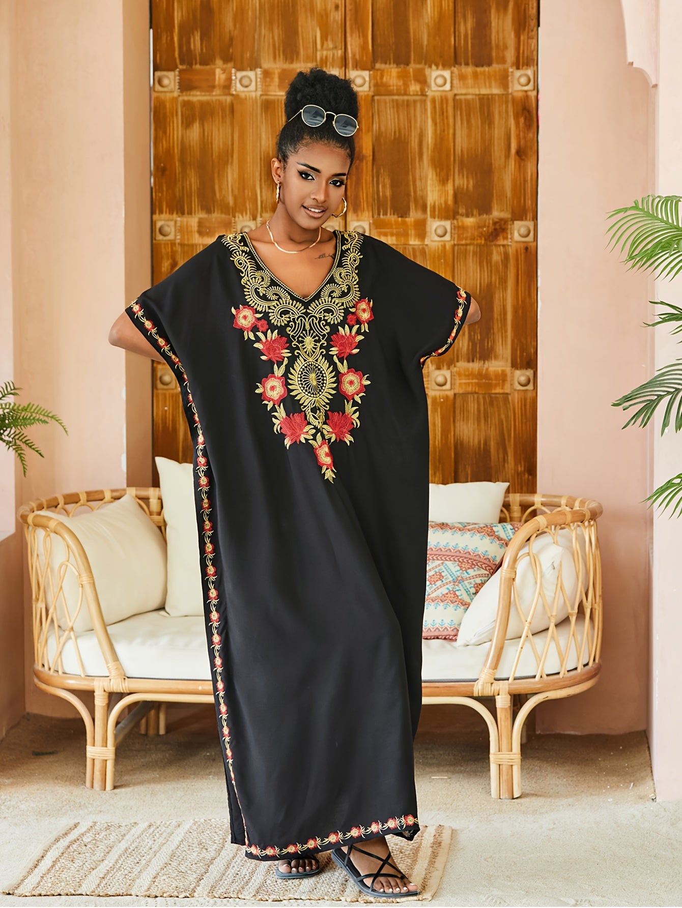 Kaftan dresses for Women Leisure Vacation Ethnic Style Beach Cover Up Embroidery Bating Sleeve Swimsuit Cover Up Beach Robe Flower Embroidered Edge Boho Retro Home Outfit