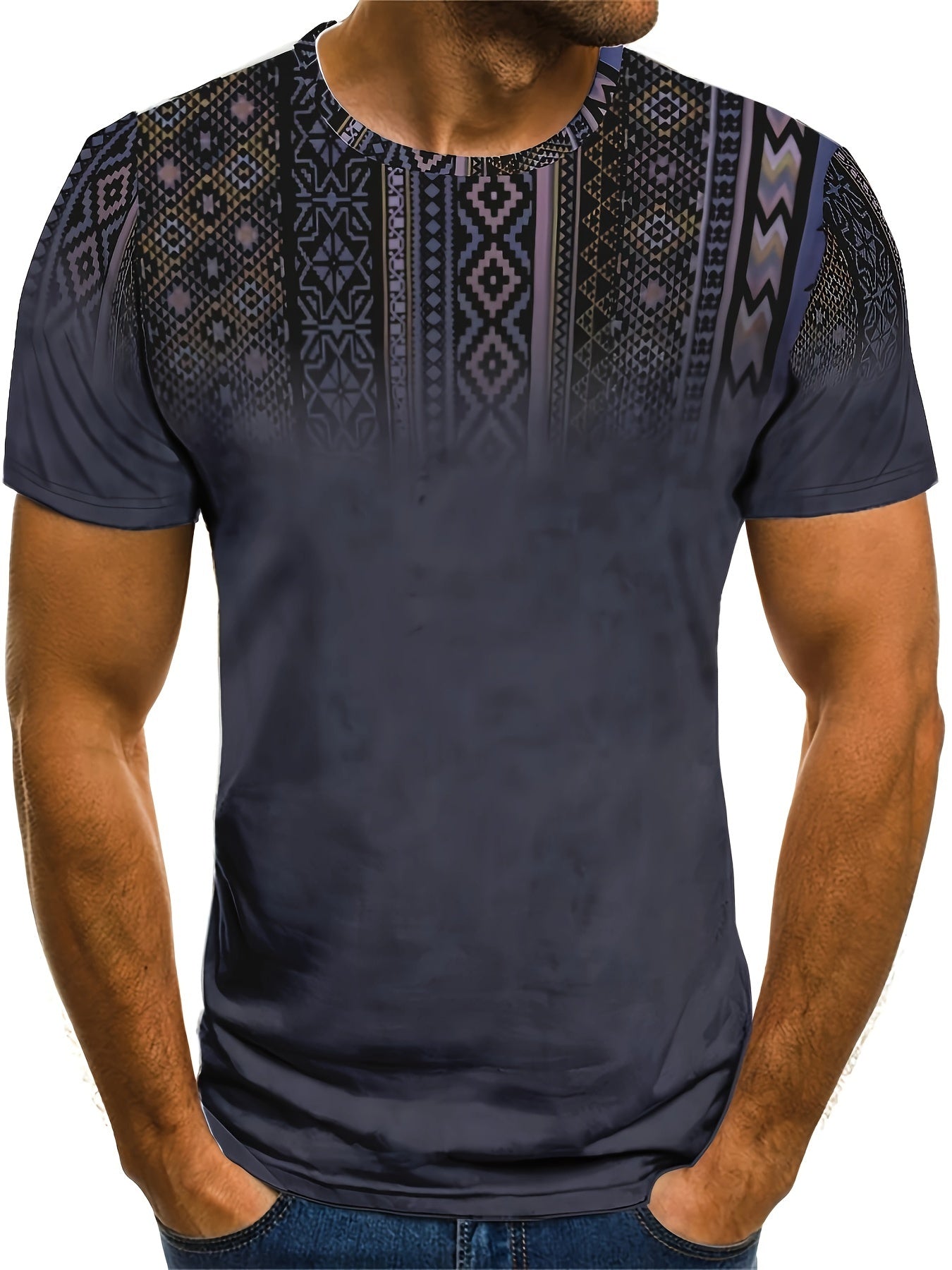 Bohemian Ethnic Style Graphic Pattern T-shirt With Crew Neck And Short Sleeve, Stylish And Chic Tops For Men's Summer Daily And Holiday Wear, Tops Suitable As Gifts