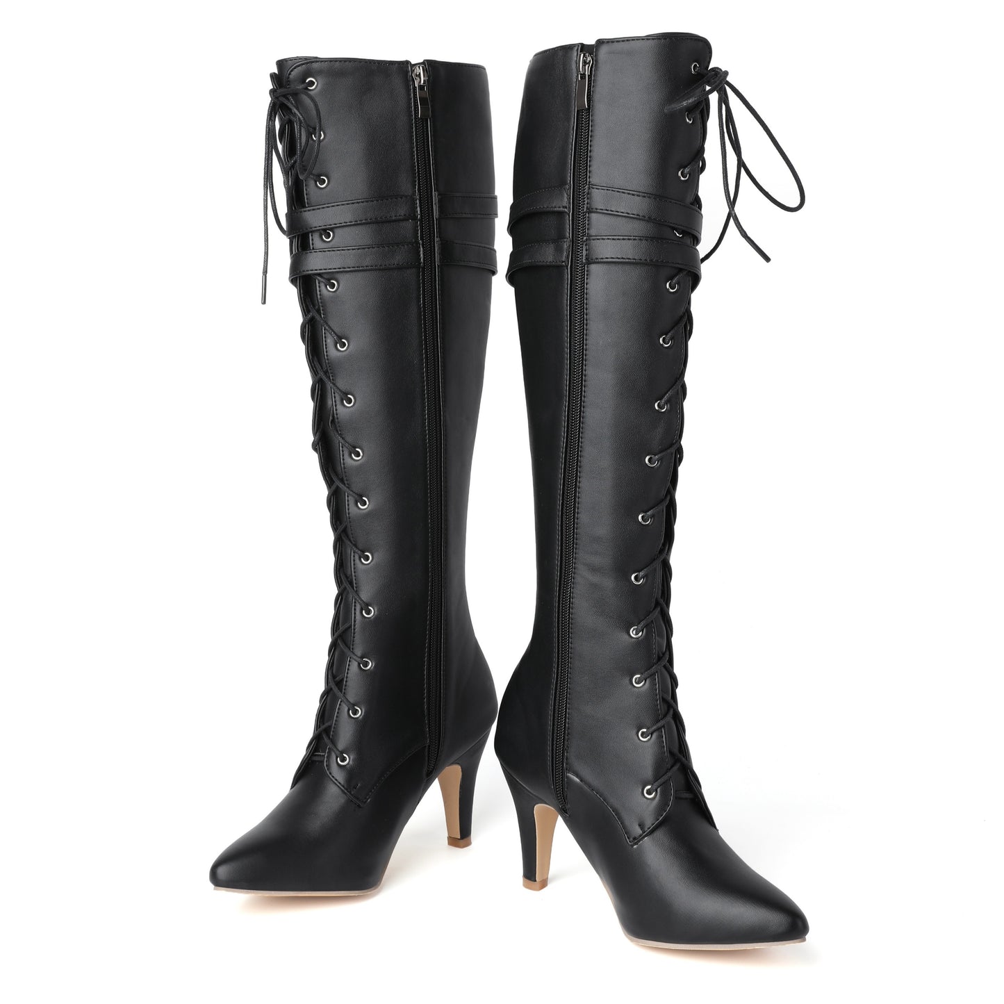 Elegantly Pointed Toe Knee High Boots - Lace-Up, Side Zip, Flare Heel, Solid Color - Elevate Your Style & Comfort