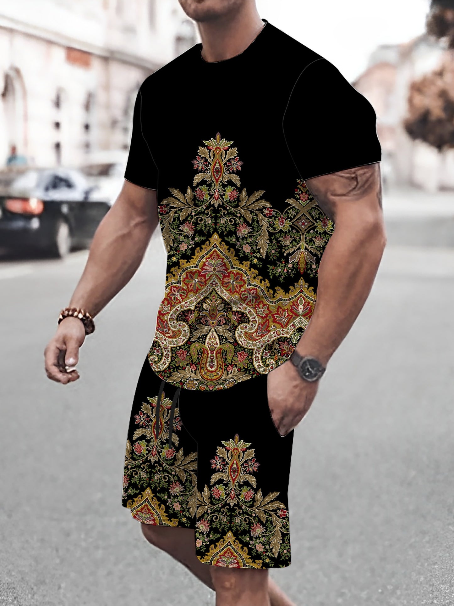 2pcs Men's Bohemian Ethnic Patterns Print Short Sleeve T-shirt + Shorts Co-ord Set, Casual Outdoor Summer Set As Gift