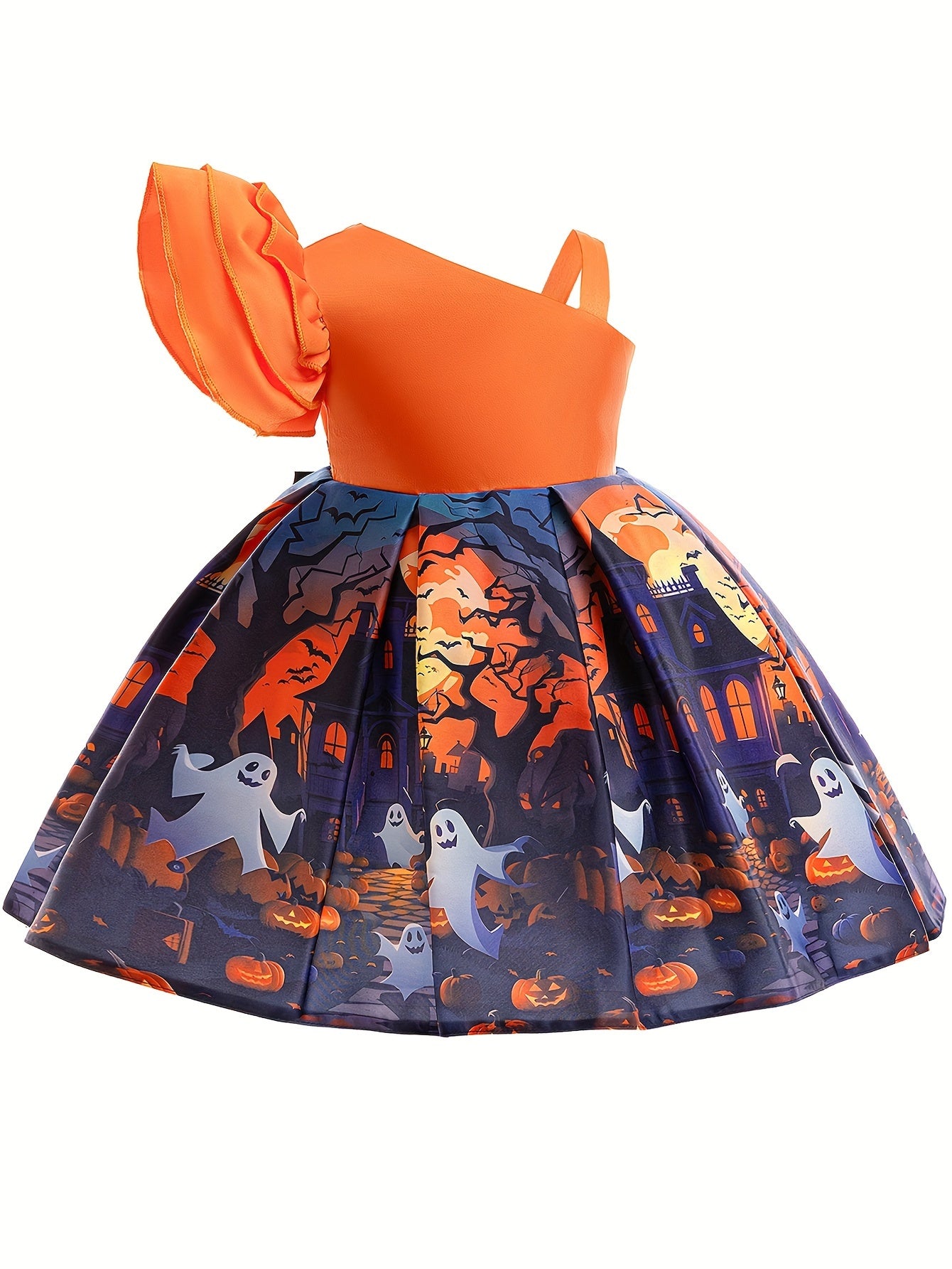 Spooky Chic Girls' Halloween Dress - One-Shoulder With Flutter Sleeves & Ghost Print, Perfect For Parties & Performances