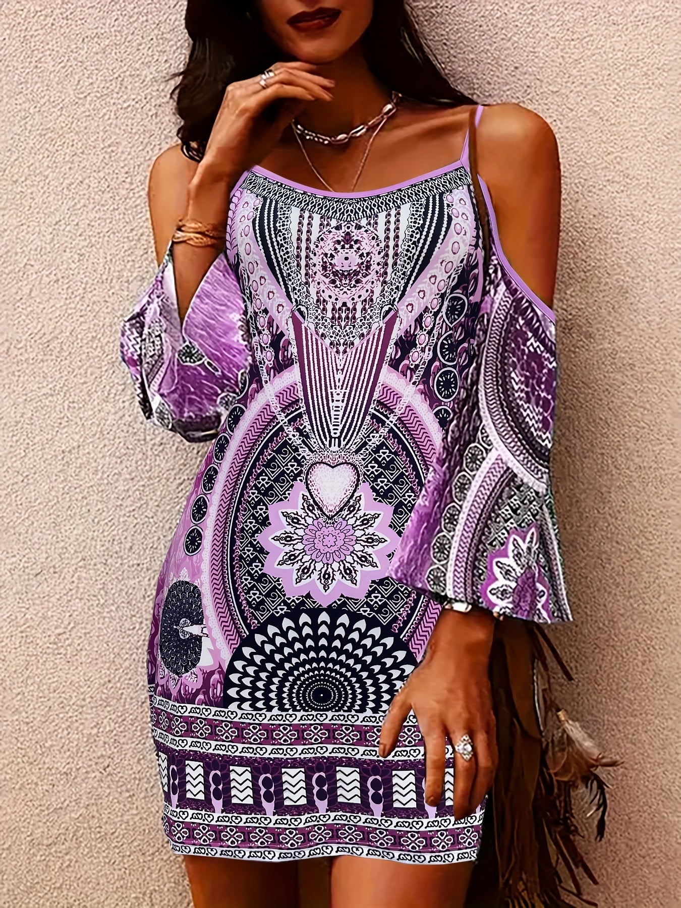 Boho Style Cold Shoulder Dress, Casual Flare Sleeve Spaghetti Strap Dress