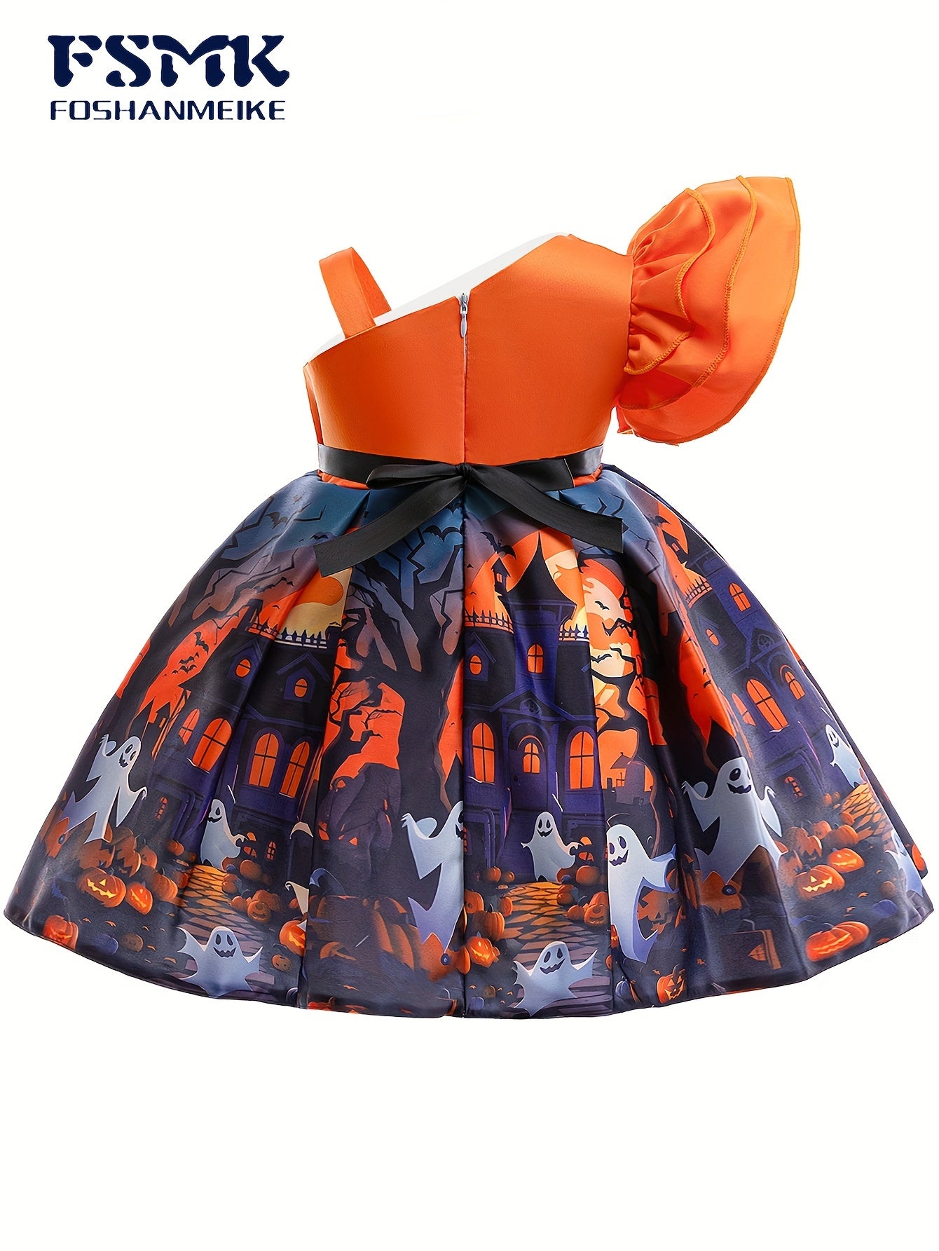 Spooky Chic Girls' Halloween Dress - One-Shoulder With Flutter Sleeves & Ghost Print, Perfect For Parties & Performances