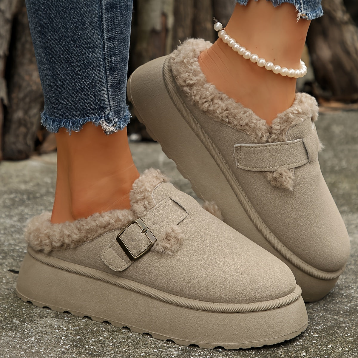 Cozy Plush Lined Ankle Boots - Soft Solid Color Design, Comfortable Buckle Strap, Warm Winter Shoes for Women - Perfect for Cold Weather, Casual Daily Wear