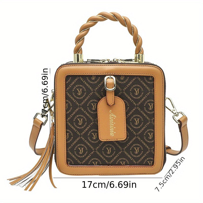 Genuine Leather Crossbody Bag with Tassel Charm, Polyester Lining, Zipper Closure, and Detachable Wristlet –